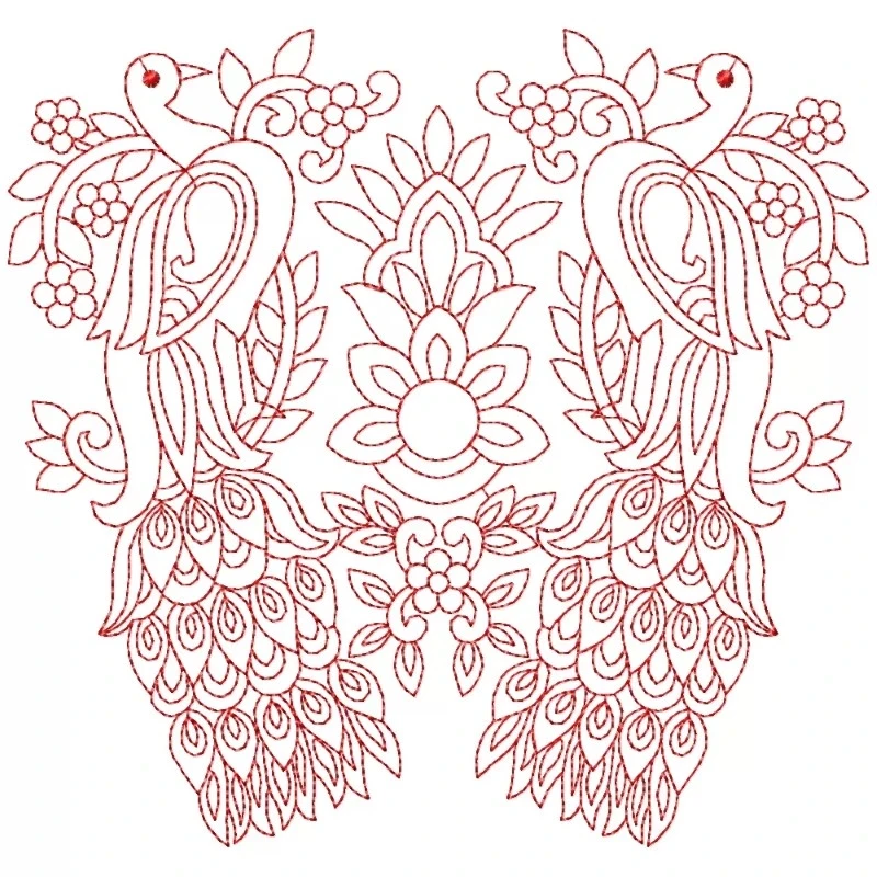 RedWork Peacocks Floral Pattern Design RedWork Peacocks Floral Pattern Design