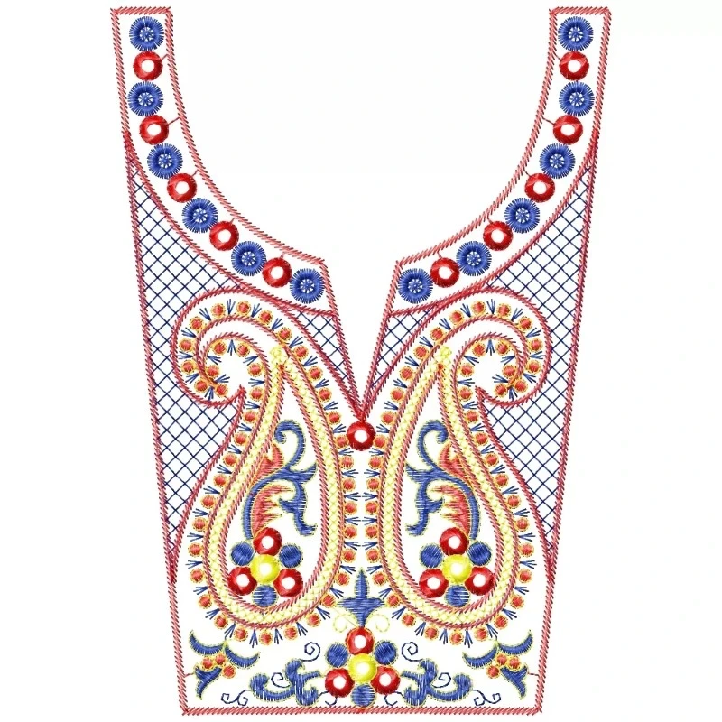 V Shaped Paisley Neckline Embroidery Design