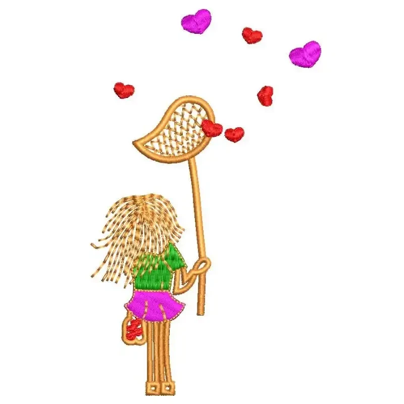 Girl Catching Hearts Embroidery Design