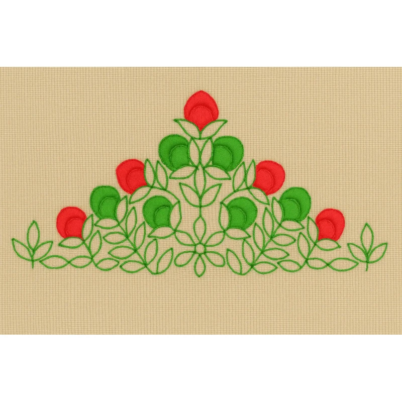 Red & Green Bloom Motif with Leaves Embroidery